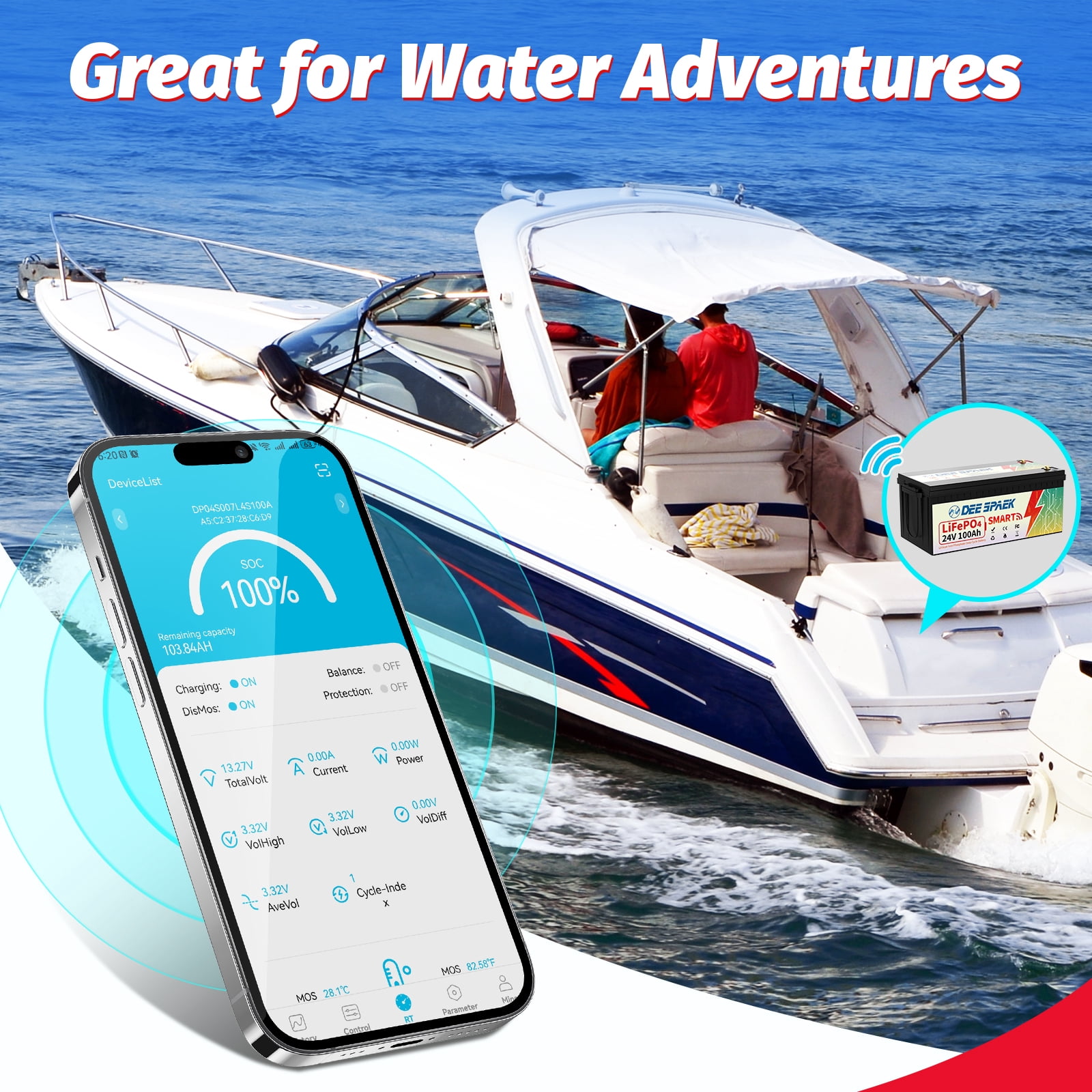 24V 100Ah LiFePO4 Battery Bluetooth,Deep Cycle Lithium Batteries for RV,Solar,Trolling Motor,Boat,Marine,Camper,DEESPAEK 100A BMS