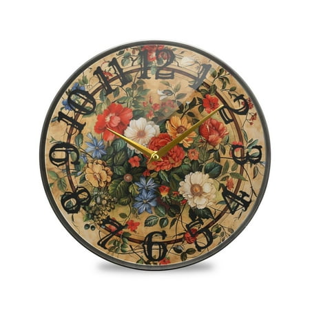 Vintage Medallion Floral Wall Clock 10 Inch Silent Non Ticking Battery Operated Easy to Read for Kitchen Living Room