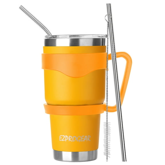 Ezprogear 30 oz Stainless Steel Coffee Tumbler Double Wall Travel Cup Vacuum Insulated Water Mug with Handle & Straws (Mango Yellow)