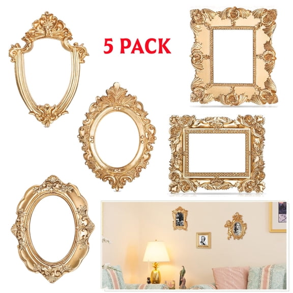 Vintage Mini Picture Frames, 5PCS Small Gold Frames Antique Resin Photo Frame Table Top Frame DIY Wall Hanging for Jewelry Display Photography Christmas Holiday Party Decoration