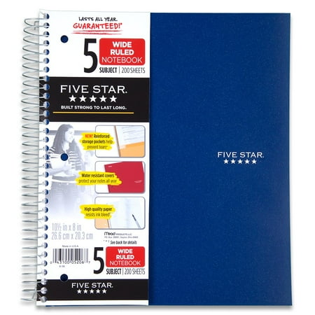 Five Star Spiral Notebook, 5 Subject, Wide Ruled, 200 Sheets, 10.5 x 8 Inch, Teal (72047)