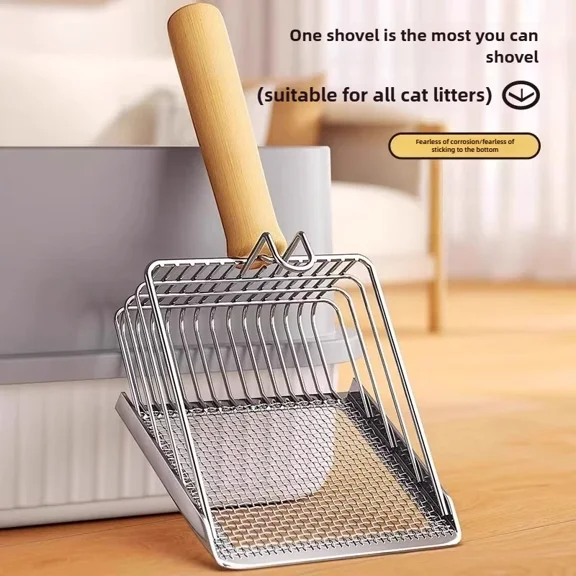 Cat Litter Scoop Stainless Steel Metal Shovel with Wood Handle Hook Portable Sifting Cleaning Tool for Litter Box