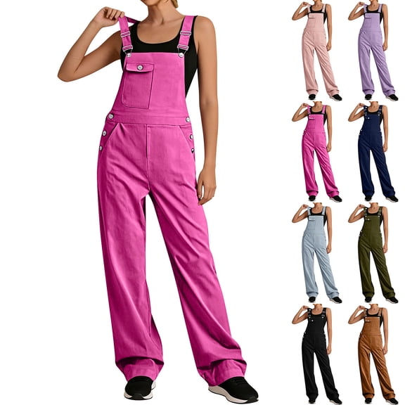 Tqcoqu Womens Wide Leg Jumpsuits Adjustable Strap Casual Loose Fit with Pockets,Army Green,Women's S-XXL
