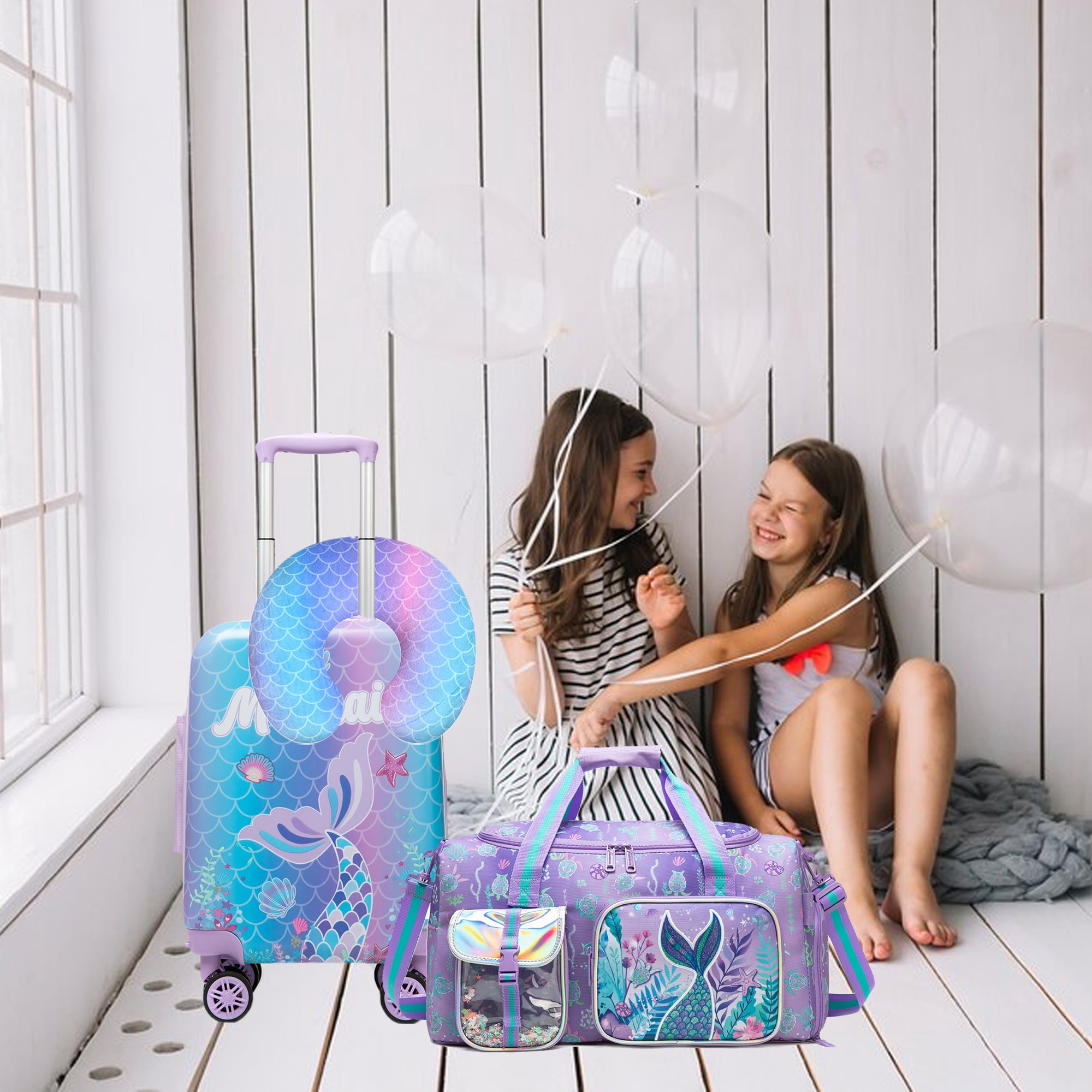 Kids Carry on Luggage Sets for Girls with Wheels Rolling Suitcases for Toddlers with Duffle Bag 16 Inch Mermaid