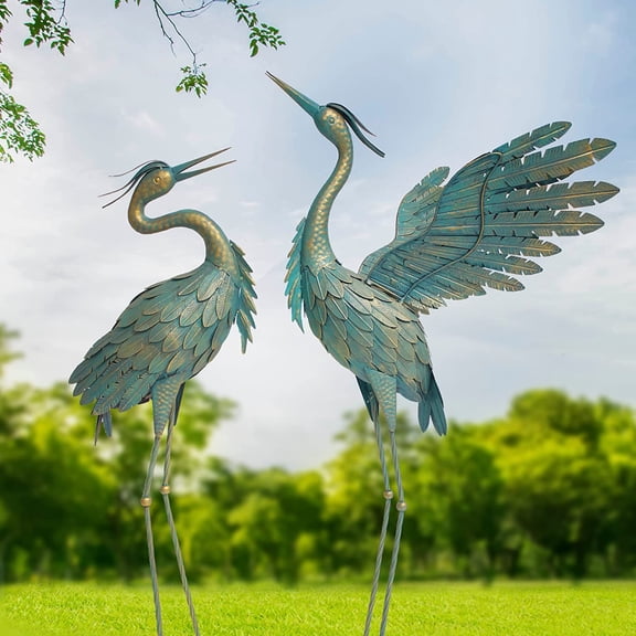 Metal Crane Garden Statue Decor, Bird Garden Sculpture & Statues, Outdoor Decoration for Yard Patio Lawn Backyard Pool, 37-42 inch Set of 2
