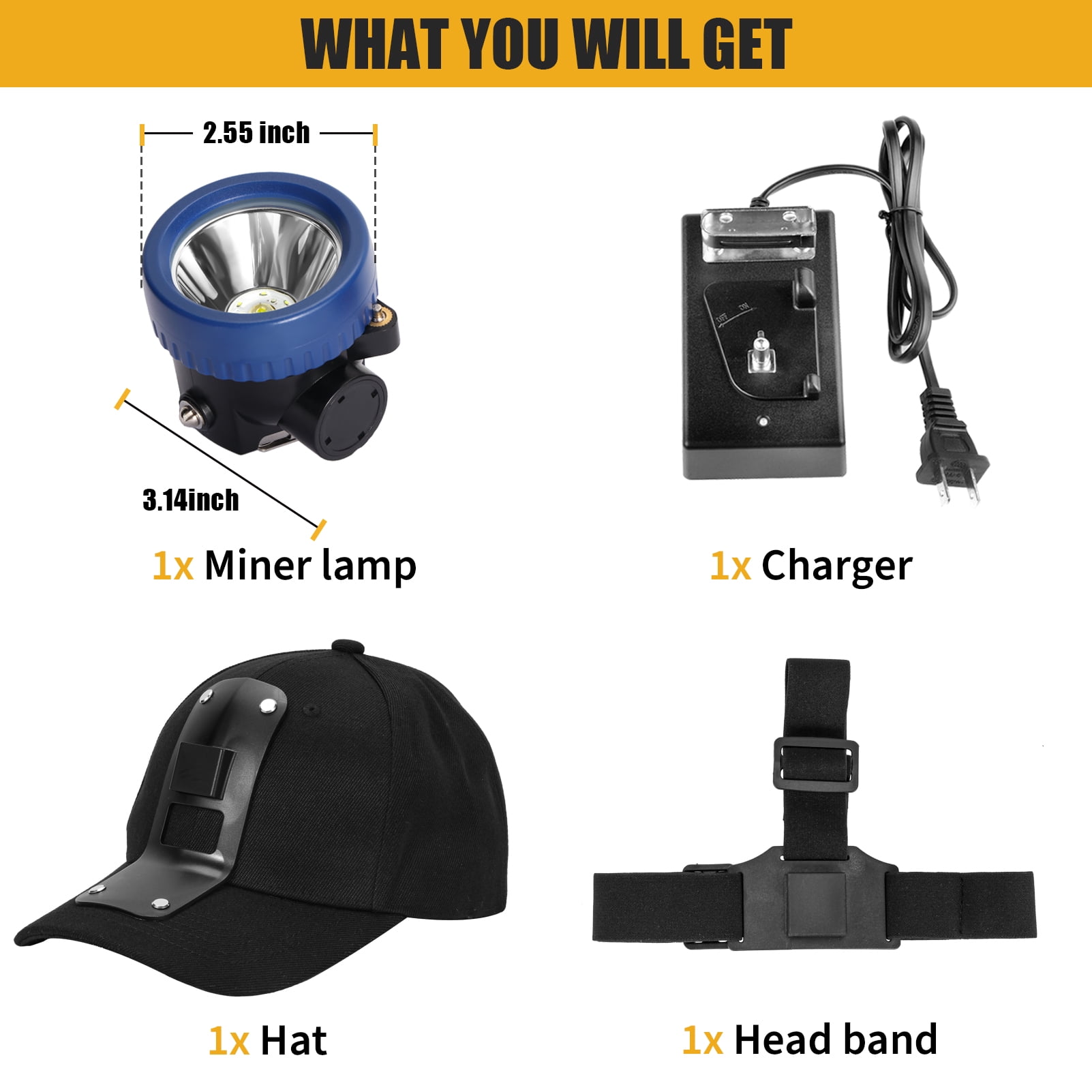 Yongkist LED Mining Headlamp Rechargeable Waterproof Headlight with Miner Cap, Super Bright 1+6 LED White Light, Lightweight, Long-Lasting for Work Camping Hiking Emergency Use