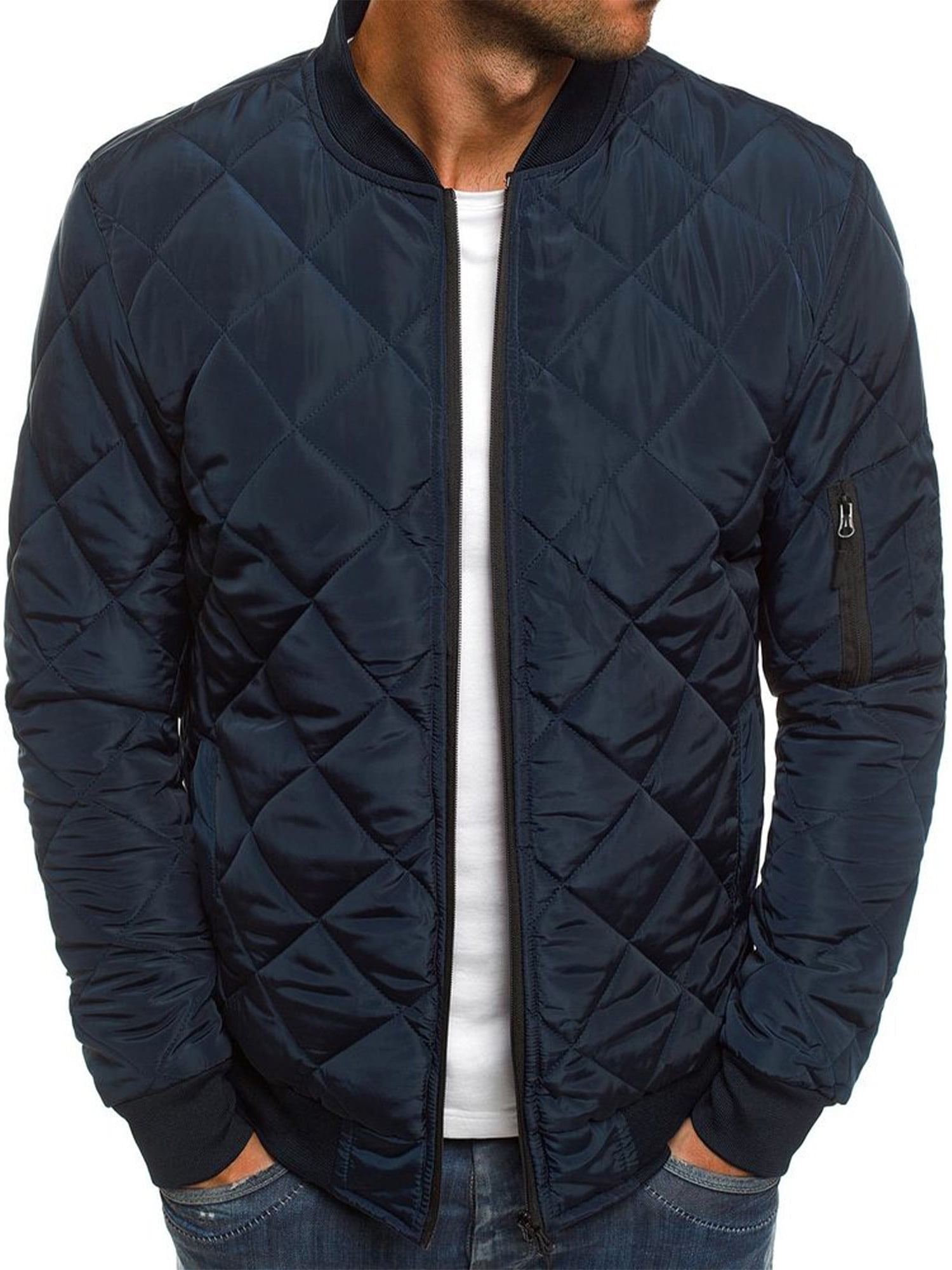 Men's Cotton Fleece Lined Jacket Slim Fit Plain Zipper Outwear Bomber Warm Coat