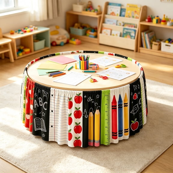 Dalxymotic Decorative Desk Skirt Cover, Round Teacher Desk Skirt, Seasonal Pencil Print Desk Skirt, Stretch Desk Skirt, Stretch Desk Skirt Cover for Office, Home, Cubicle, Counter