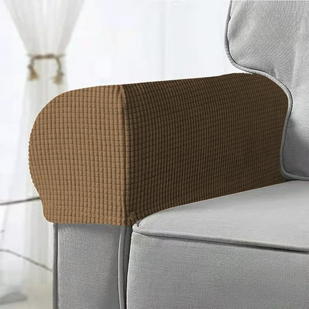 All Inclusive Solid Color Plaid Sofa Armrest Cover - Elastic Thickened Non-Slip Protective Covers Universal for All Seasons Set of 2 Coffee