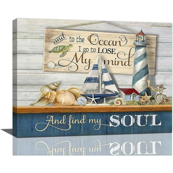 Lighthouse Seashell Wall Art Beach Saioat Coastal Ocean Turtle Pictures Bathroom Wall Decor Canvas Prints Painting Beach Decorations Framed Artwork for Living Room Kitchen Bedroom 16"x12"