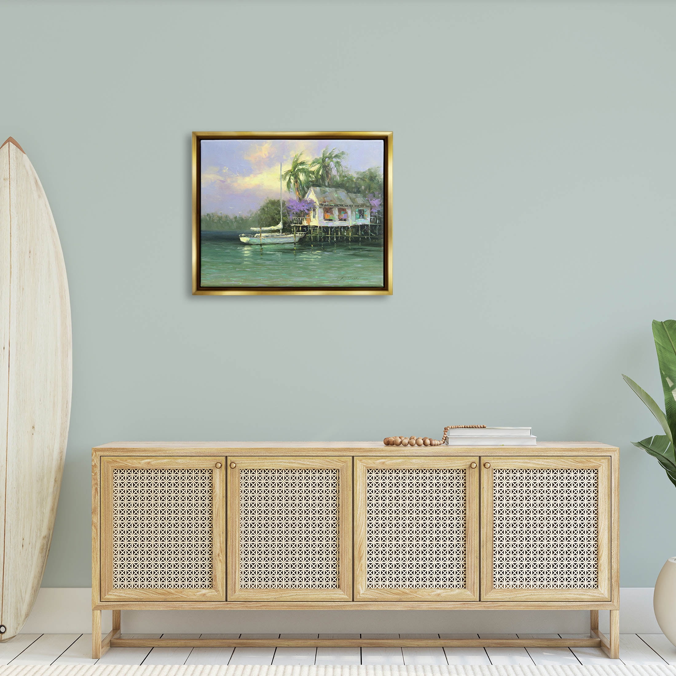 Summer Ocean Pier Palm Trees Landscape Painting Metallic Gold Framed Art Print Wall Art