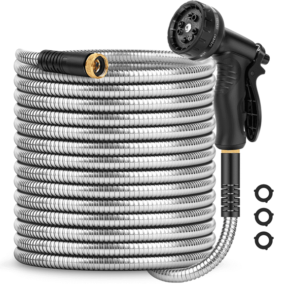 Garden Hose 50 ft, Heavy Duty Garden Hose Stainless Steel Metal Garden Hose, No Kinks, Lightweight, Puncture Proof, Flexible Outdoor Hose with 10 Function Nozzle for Yard & Car Washing