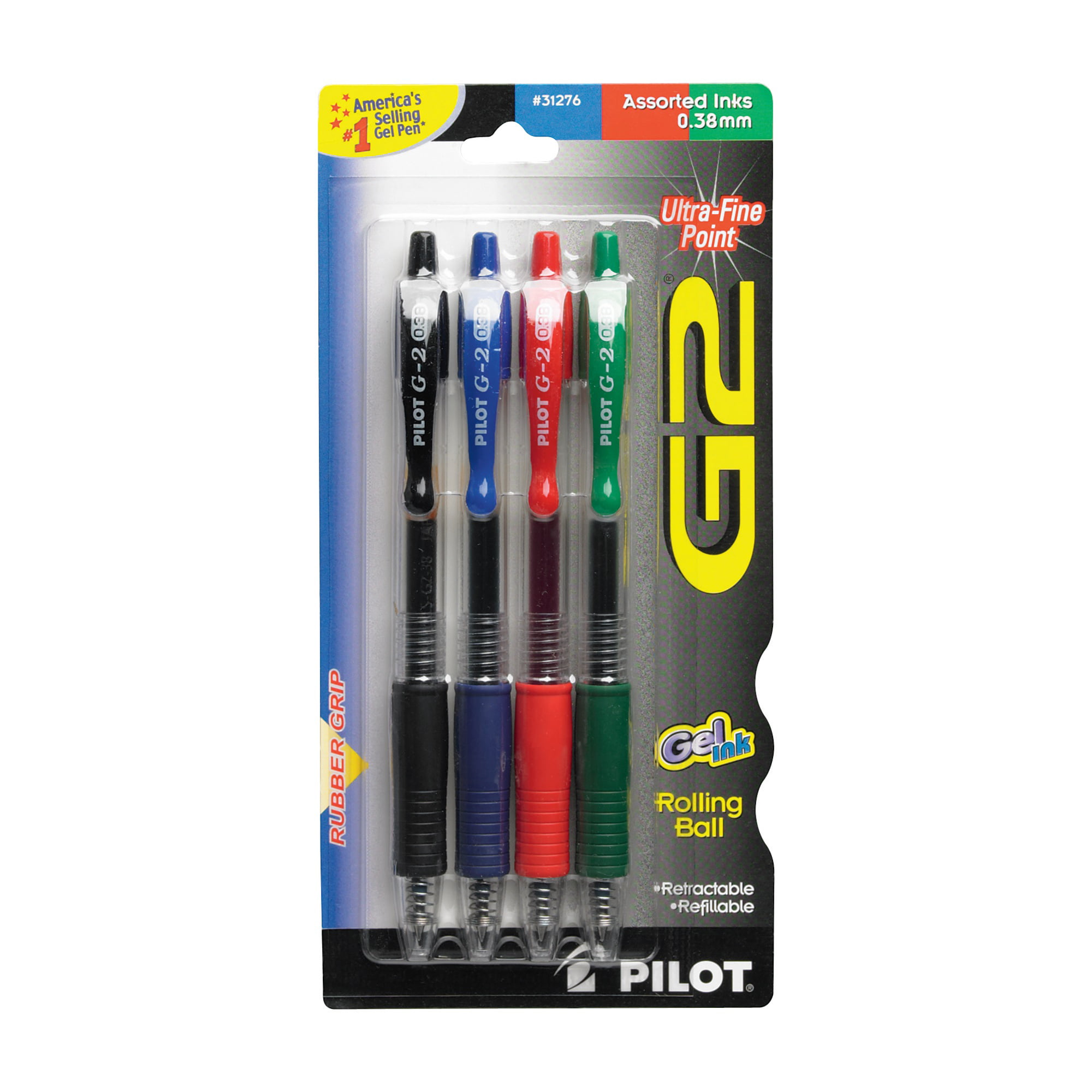 31276 Black/Blue/Red/Green Inks 4-Pack Ultra Fine Point PILOT G2 Premium Refillable & Retractable Rolling Ball Gel Pens - New 