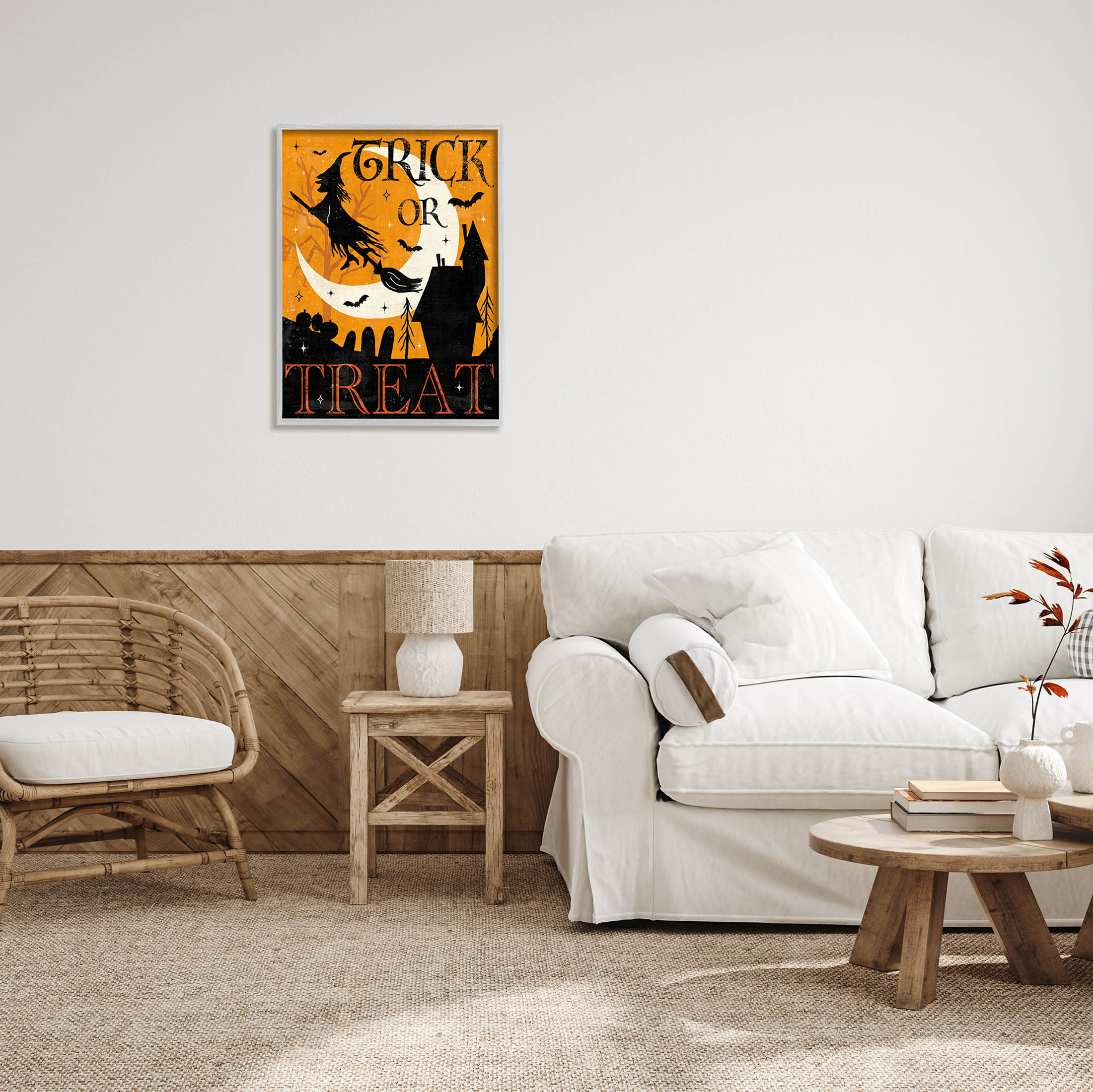 Stupell Industries Trick Or Treat Halloween Witch Graphic Art Gray Framed Art Print Wall Art, Design by Veronique Charron