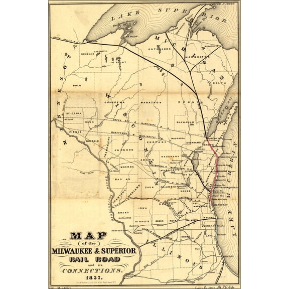 24"x36" Gallery Poster, Map Milwaukee & Superior RailRoad wisconsin 1857