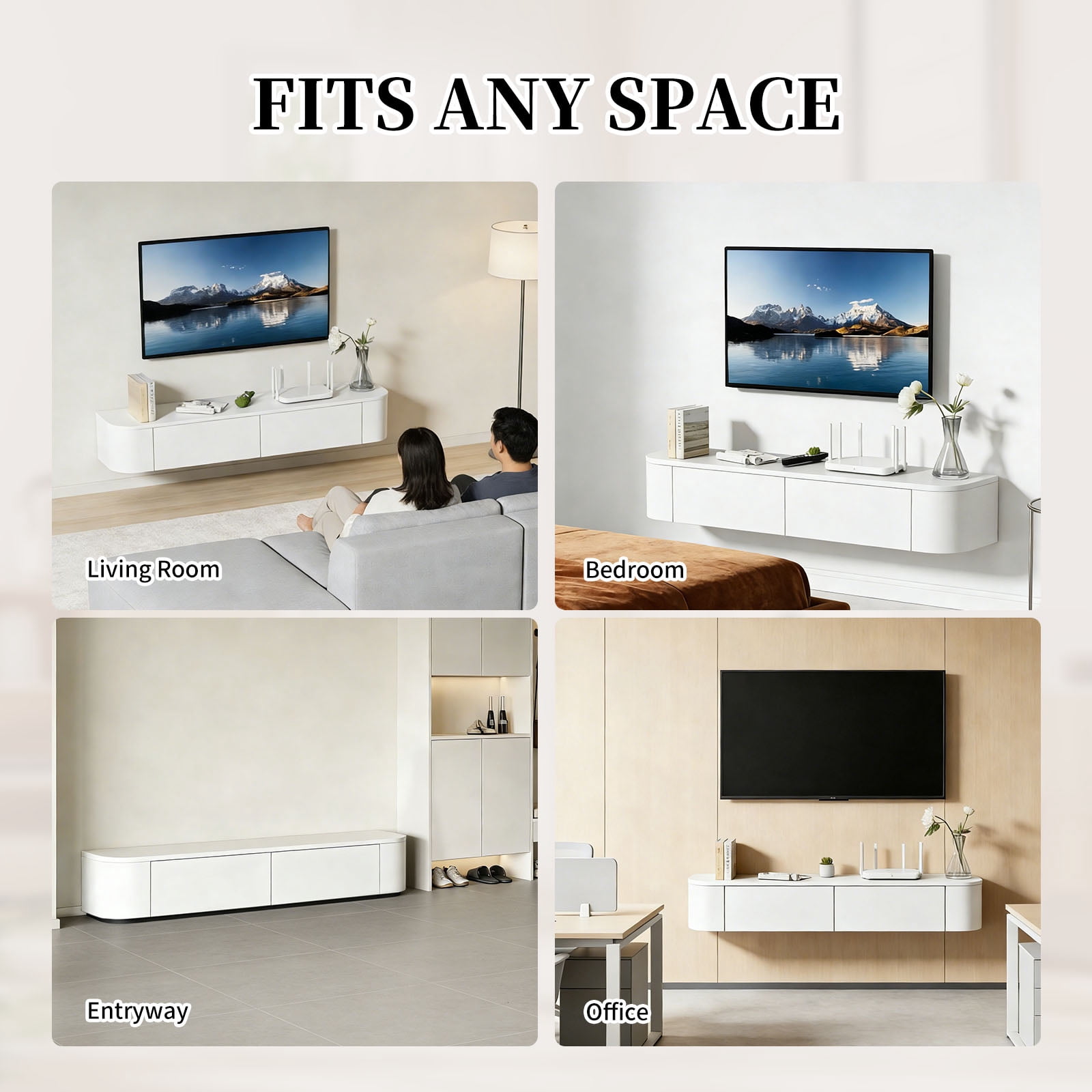 Wall Mounted Floating TV Stand Modern Media Console with 2 Silent Doors for Living Room Home Office (White 120CM/47.2'')