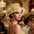 thumbnail image 6 of Women Organza Church Hat Floral Wide Brim Fascinator Derby Hat Wide Brim Sun Hats Wedding Tea Party Derby Occasions Gold Free Size, 6 of 6