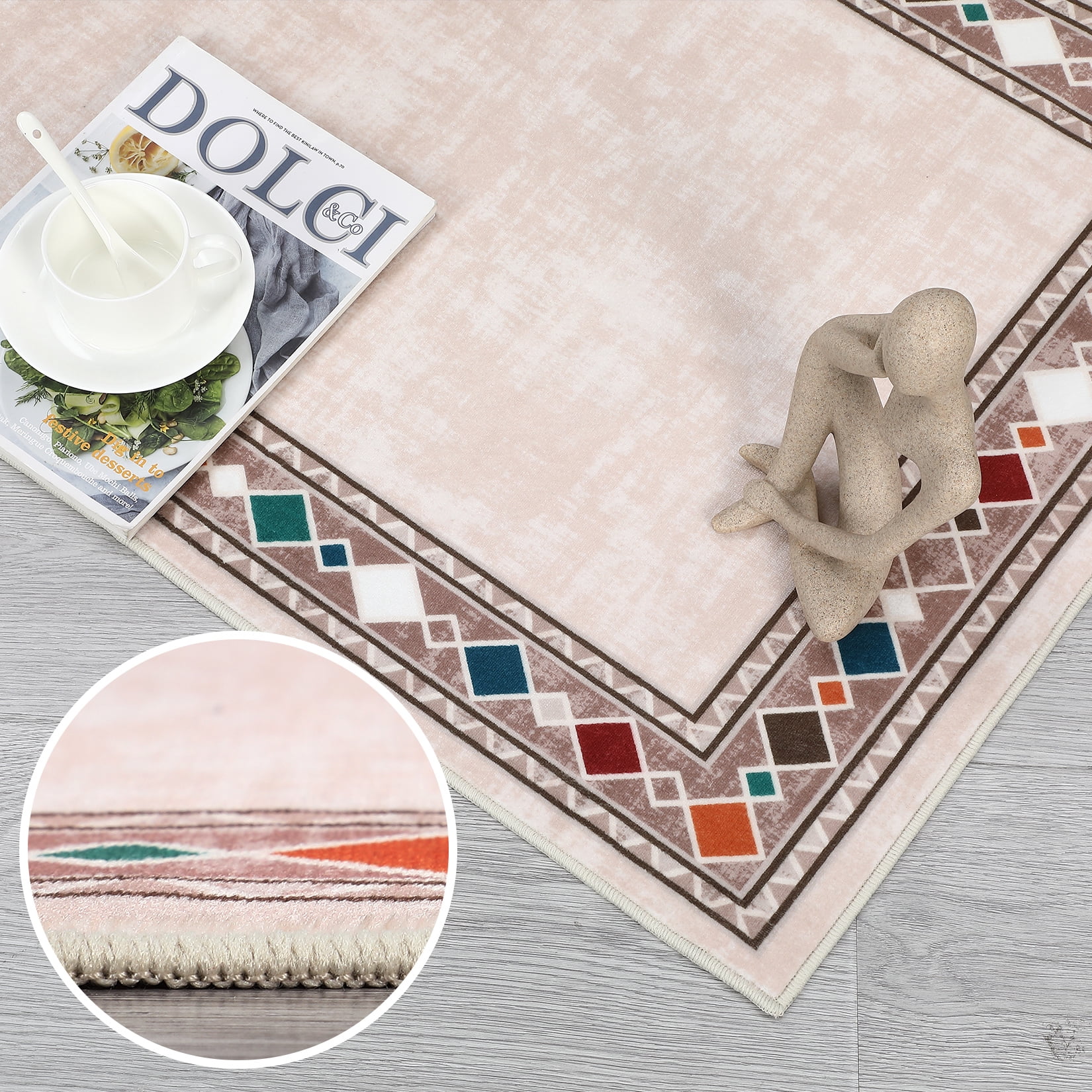 Hasoo Area Rug 5' x 7' Washable Bordered Rug for Living Room Non-Slip Accent Indoor Neutral Carpet Beige