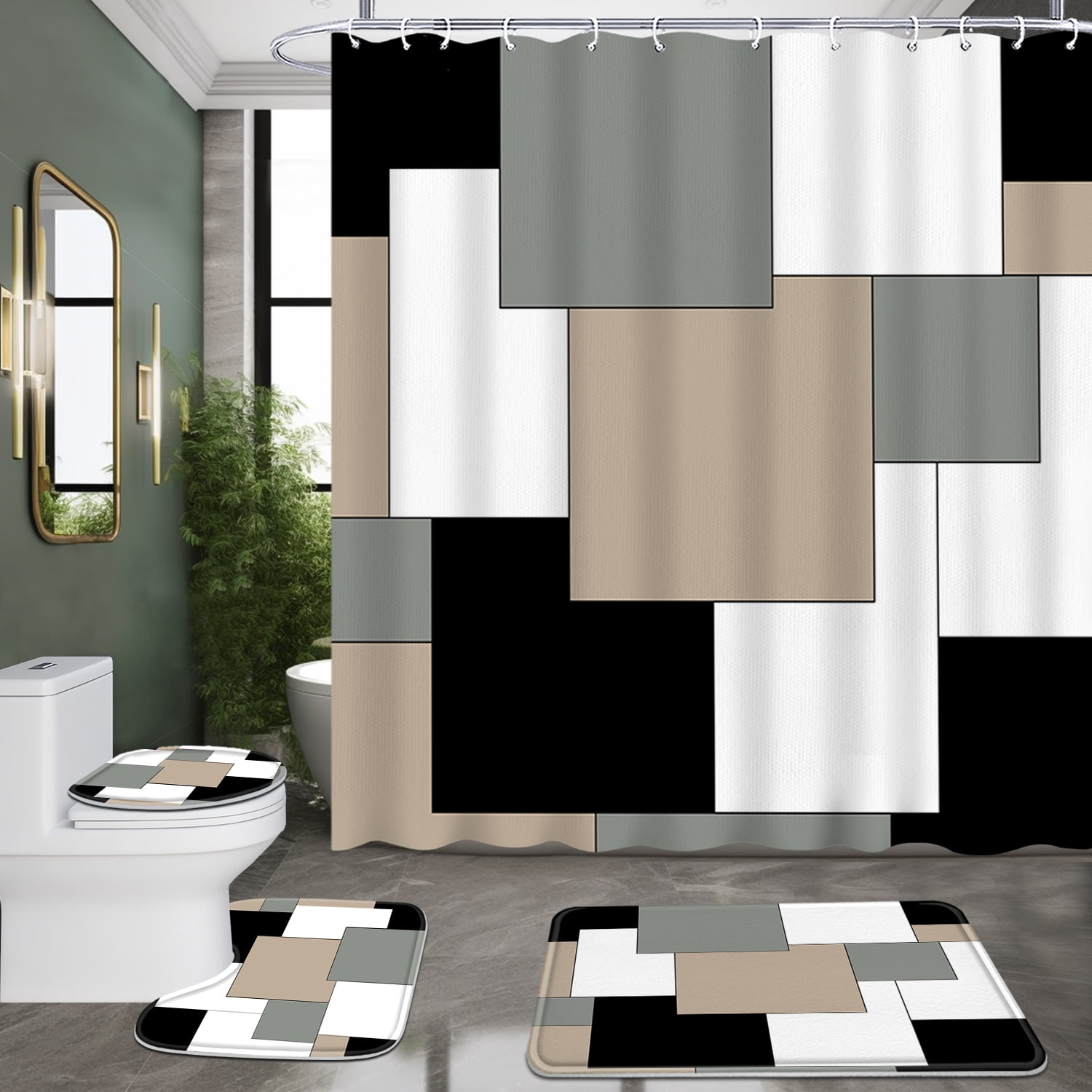 Poedist 4Pcs Shower Curtain Set, Bathroom Sets with Shower Curtain and Rugs, with Non-Slip Rugs,Toilet Lid Cover,Bath Mat and 12 Hooks,71 x 71 inch, Geometric Gray