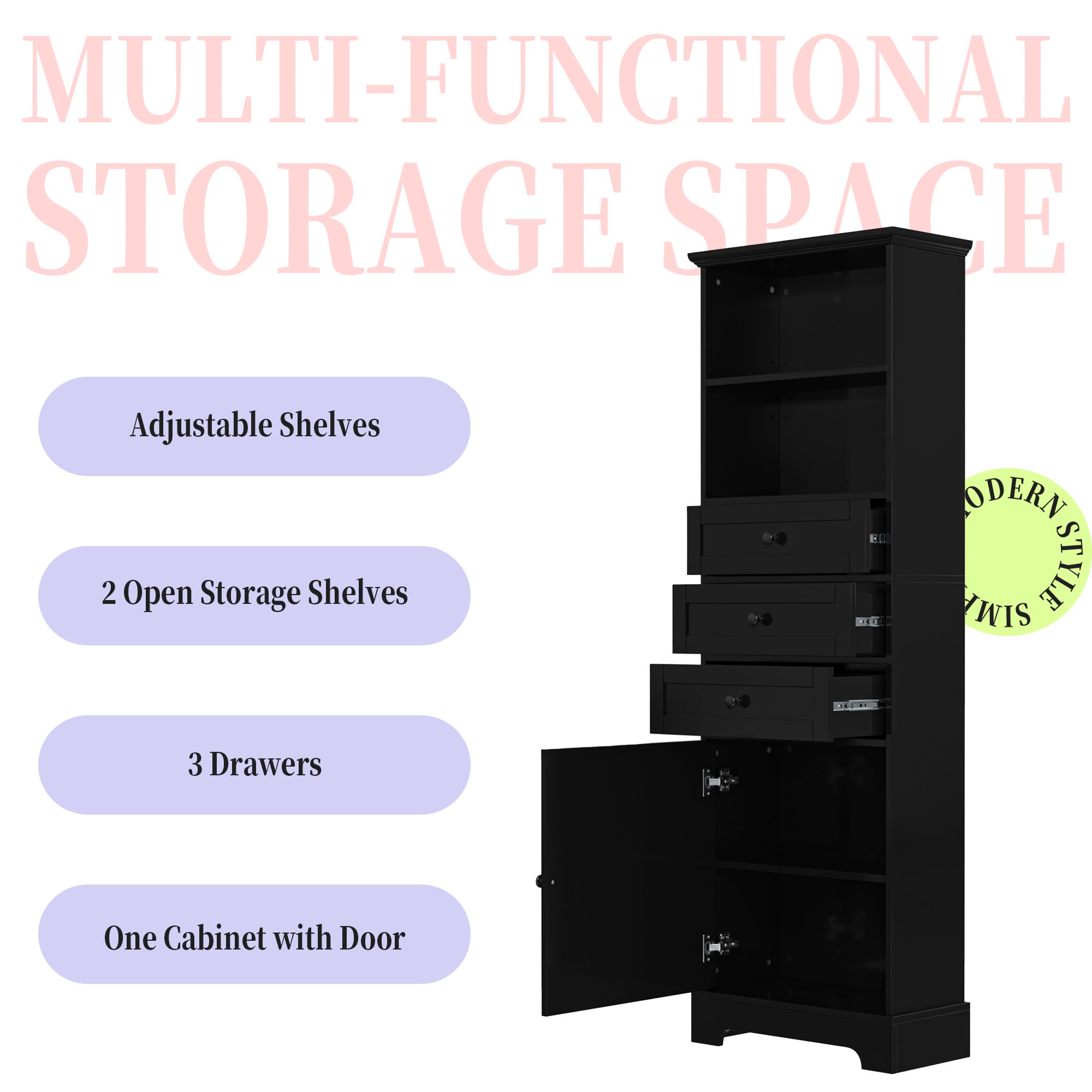 Tall Bathroom Cabinet, FURNINEST Bathroom Cabinet with 3 Drawers and Adjustable Shelves, Storage Cabinet Furniture for Home Bathroom, 22"L x 10.3"W x 57.3"H, Black
