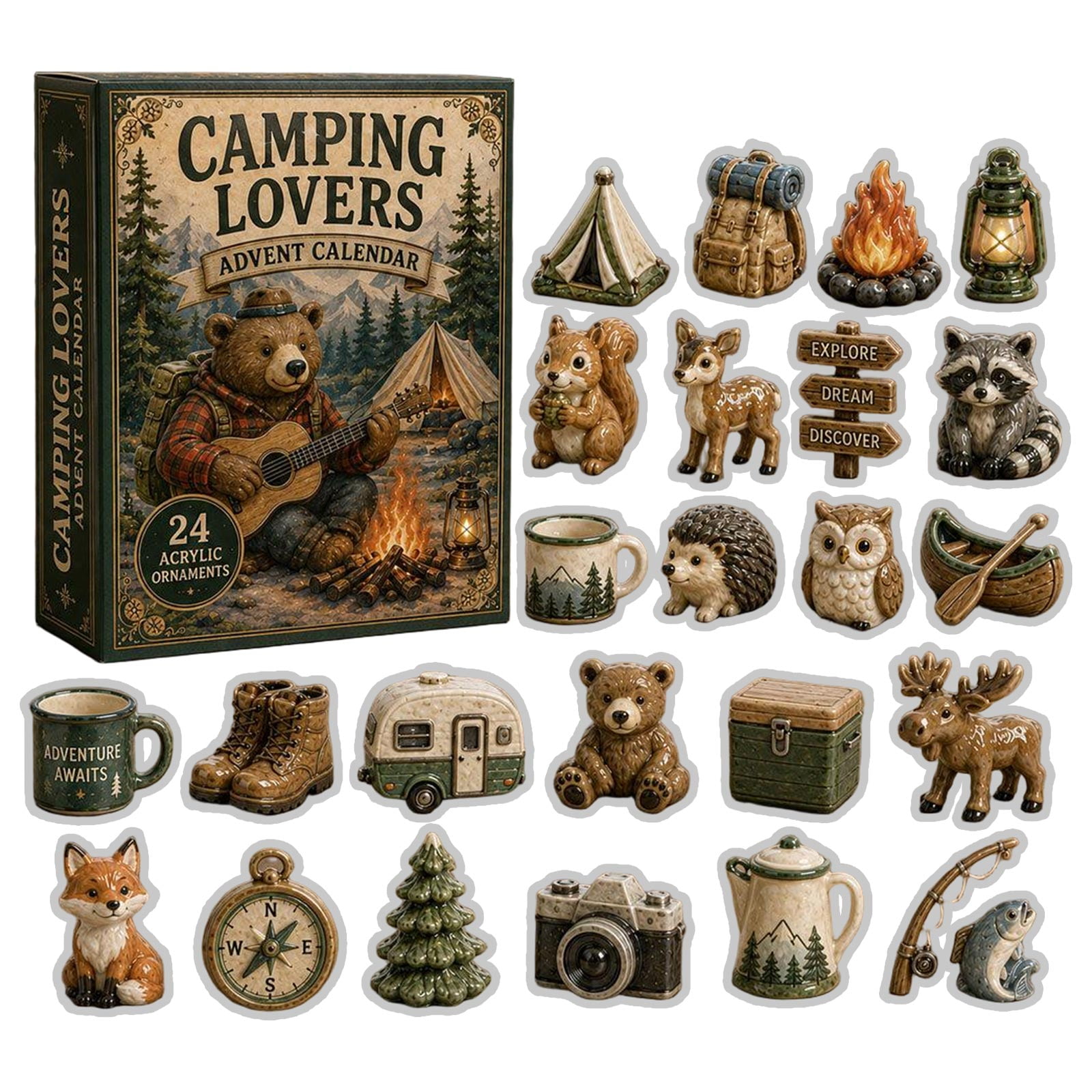 Camping Advent Calendar Christmas Countdown Gift Box Wildlife Acrylic Hanging Ornaments Rustic Tree Decoration Outdoor Enthusiast Holiday Present 24 Day Surprise