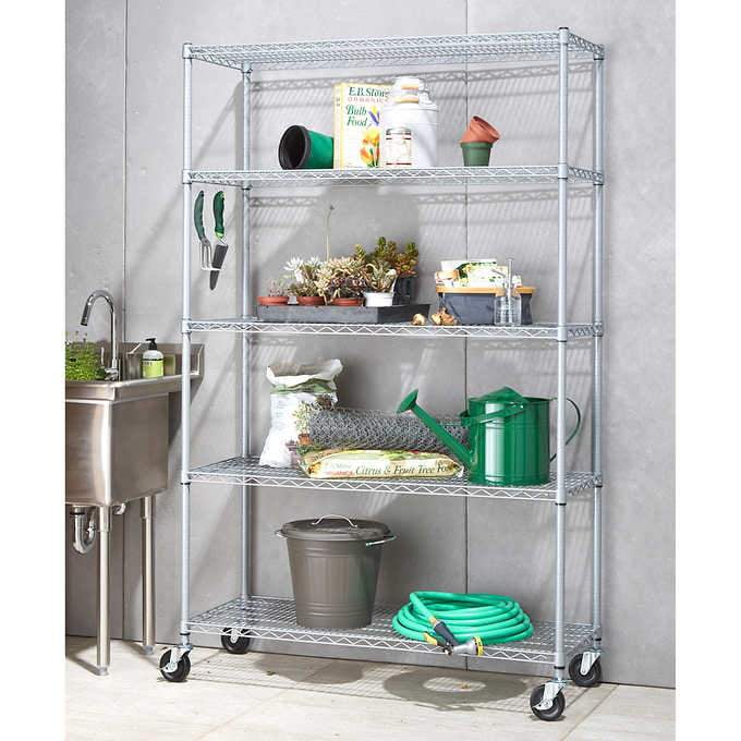 TRINITY 5tier Outdoor Wire Shelving Rack with Wheels, 48" x 18" x 72