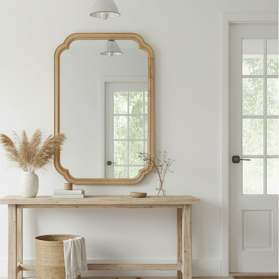 Natural Wood Color 20" x 30" Solid Wood Frame Rounded Corner Decorative Mirror, For Bedroom, Bathroom, Living Room, Entryway