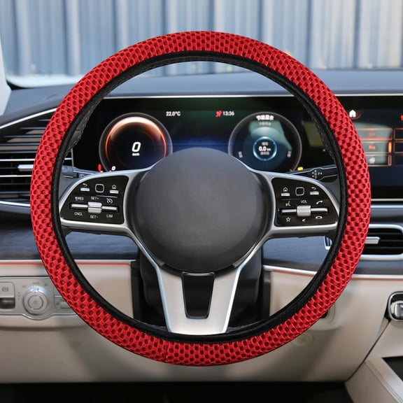 Elastic Stretch Steering Wheel Cover, Anti-Slip 38 cm Microfiber Odorless Breathable Ice Silk Car Steering Wheel Protector, Easy Carry, Warm in Winter Cool in Summer, Red