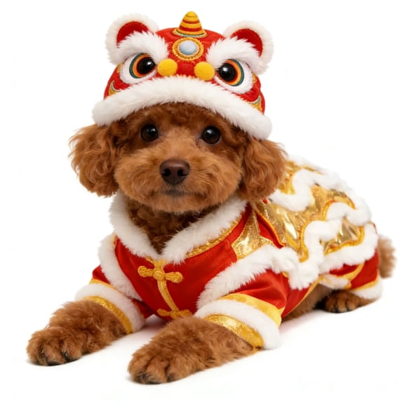 Chinese New Year Dog Outfit,Chinese Lion Dance Dog Costume,Spring Festival Pet Clothes Hoodie Coat,Winter Cat Warm Clothes for Small Medium Dogs.