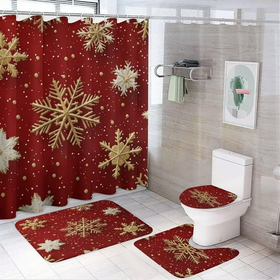 Bathroom Rugs and Shower Curtain Sets, Christmas Snowflakes Pattern Printed on Shower Curtain and Bath Mat Set, Great for Master Bath Beach House Modern Home, 72 x 72 inches