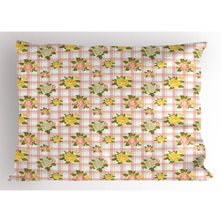 Coral Olive Green Shabby Chic Pillow Sham Flower Inspired Vector Illustration of Roses with Leaves Art Print, Decorative Standard Size Printed Pillowcase, 26 X 20 Inches, Coral and Olive Green, by Ambesonne ()