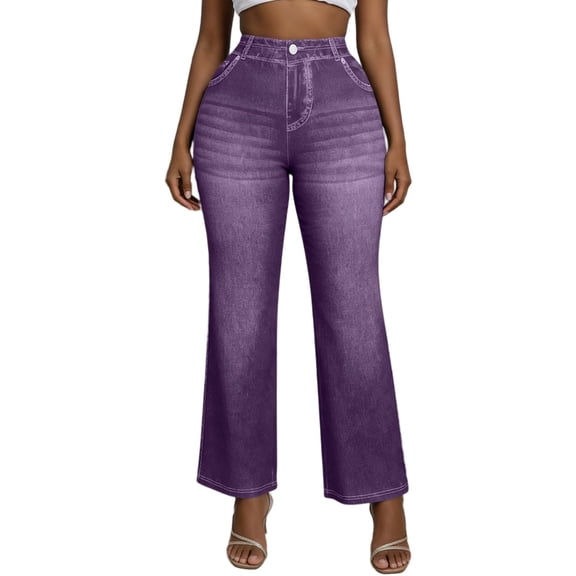 Tnhcen Women's Plus Size Mock Button High Waist Wide Leg Jeans High Elasticity Flare Pants, Loose Fit Tummy Control Stretchy Denim Look Pants S - 2XL