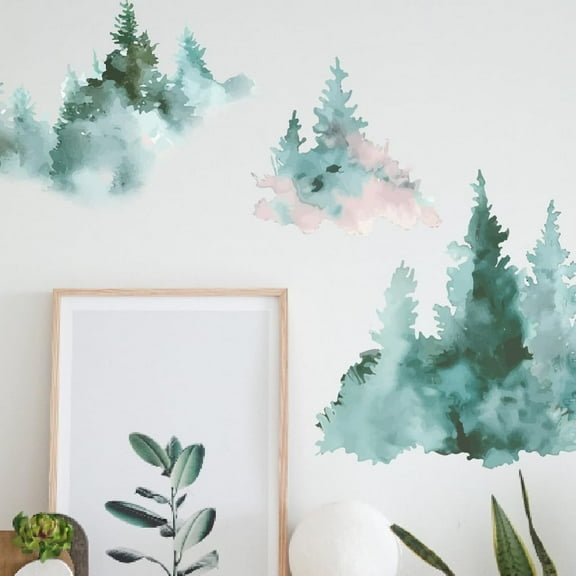 Forest Wall Stickers Watercolor Pine Forest Wall Decals Window Clings Peel and Stick Wall Art Decals Green Wall Stickers Murals Living Room Removable Decor Art DIY Gift