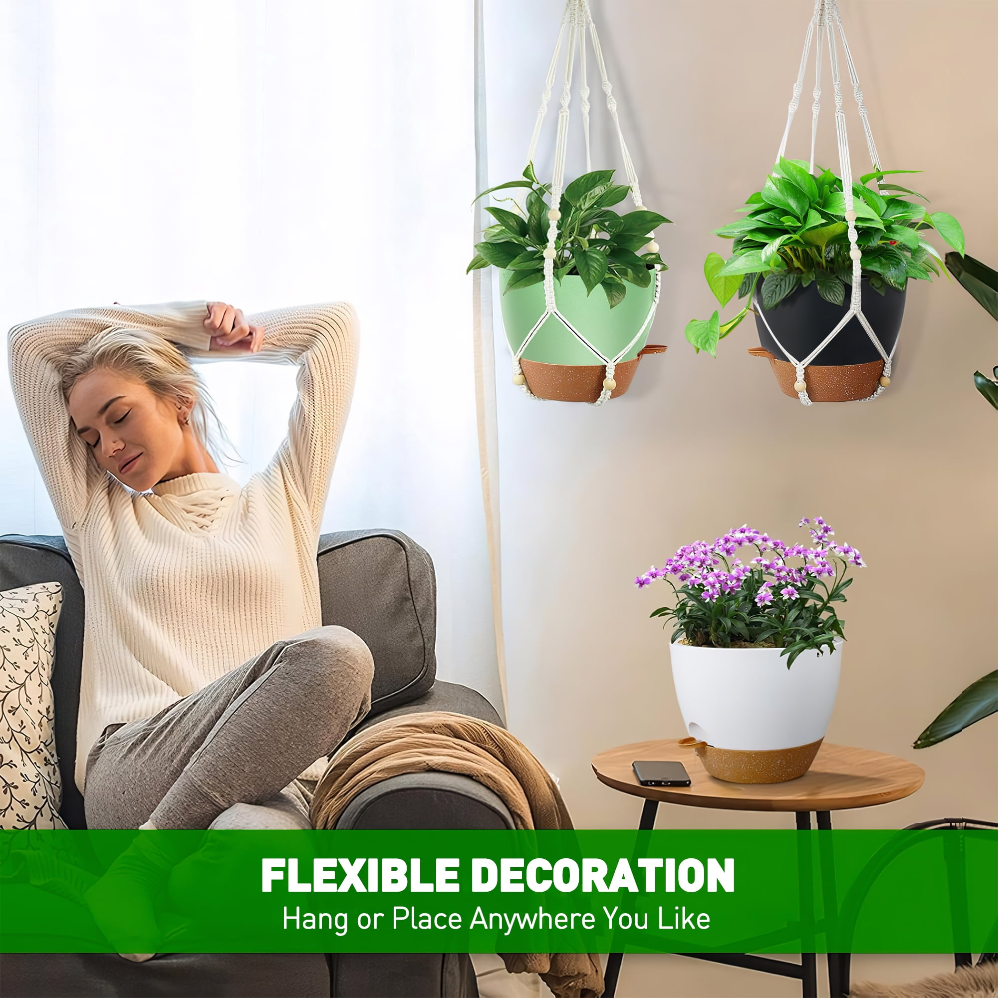 3-Pack Self Watering Hanging Plant Pots with Macrame Hangers, Plastic Planters with Drainage Holes and Saucers, Indoor Outdoor Flower Pots, Includes 3 Ceiling Hooks, 7"/6"/5.5" (Multicolor)