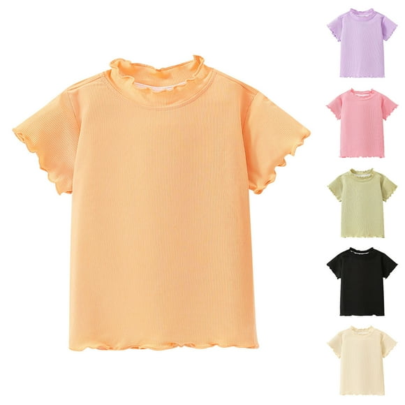 Feancey T-Shirts d'Été pour Tout-Petites Filles, Tricot Côtelé, T-Shirts Décontractés pour Enfants, Manches Courtes à Volants, Col Ras du Cou, Jolis Tees, T-Shirt de Couleur Unie, Soldes du Jour, Liquidation, Beige, 2 Ans