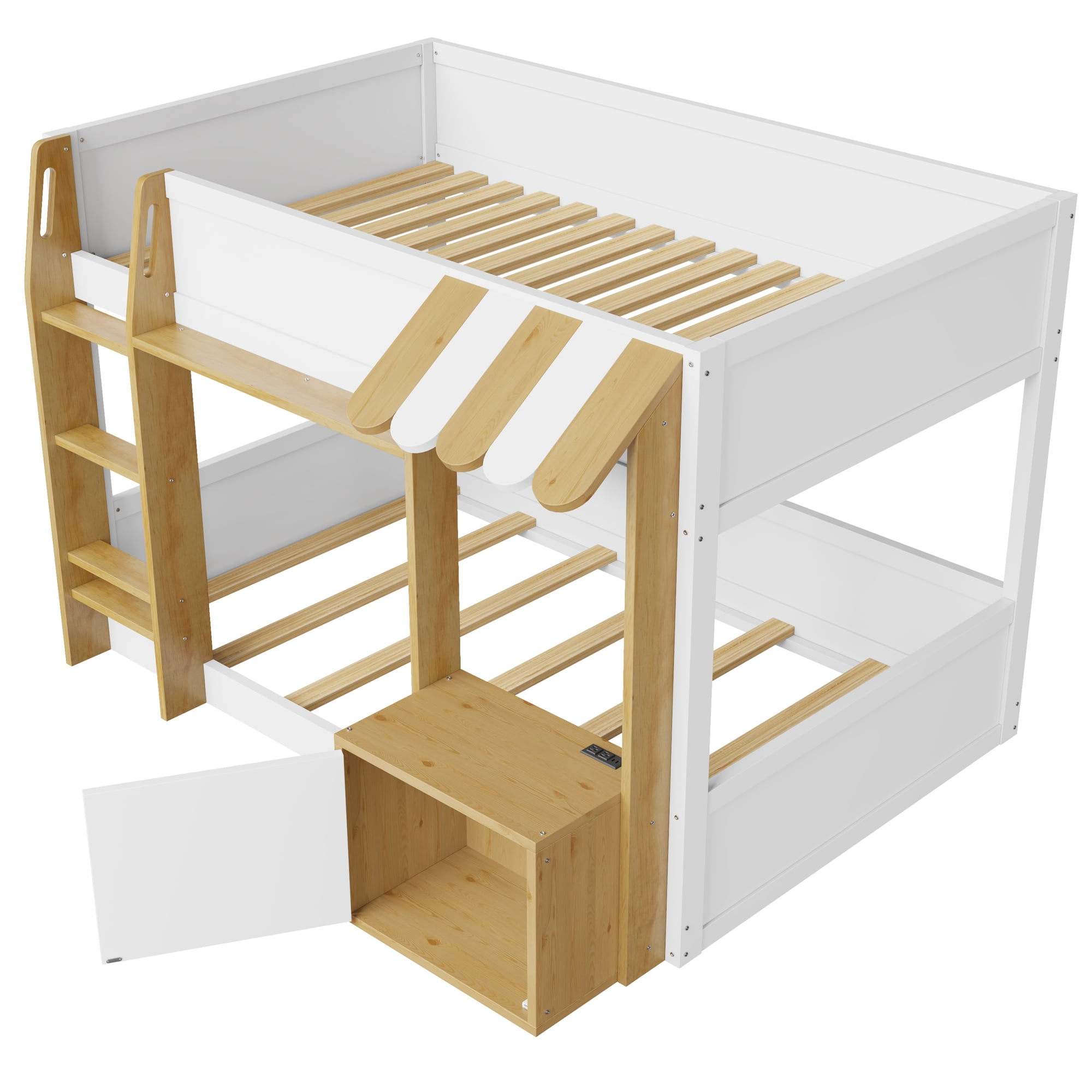 Euroco Wood Twin over Twin Bunk Bed with Desk and Cabinets, Storage Bed with Shelves and USB Ports, White