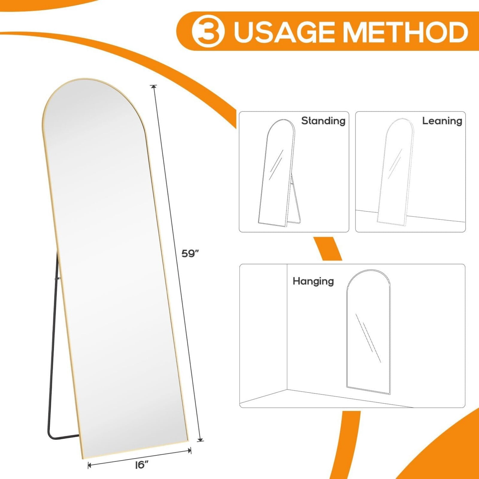 Gleamira 59"x16" Arch Full Length Mirror Wall Hanging or Floor Mirror with Aluminum Alloy Frame, Gold
