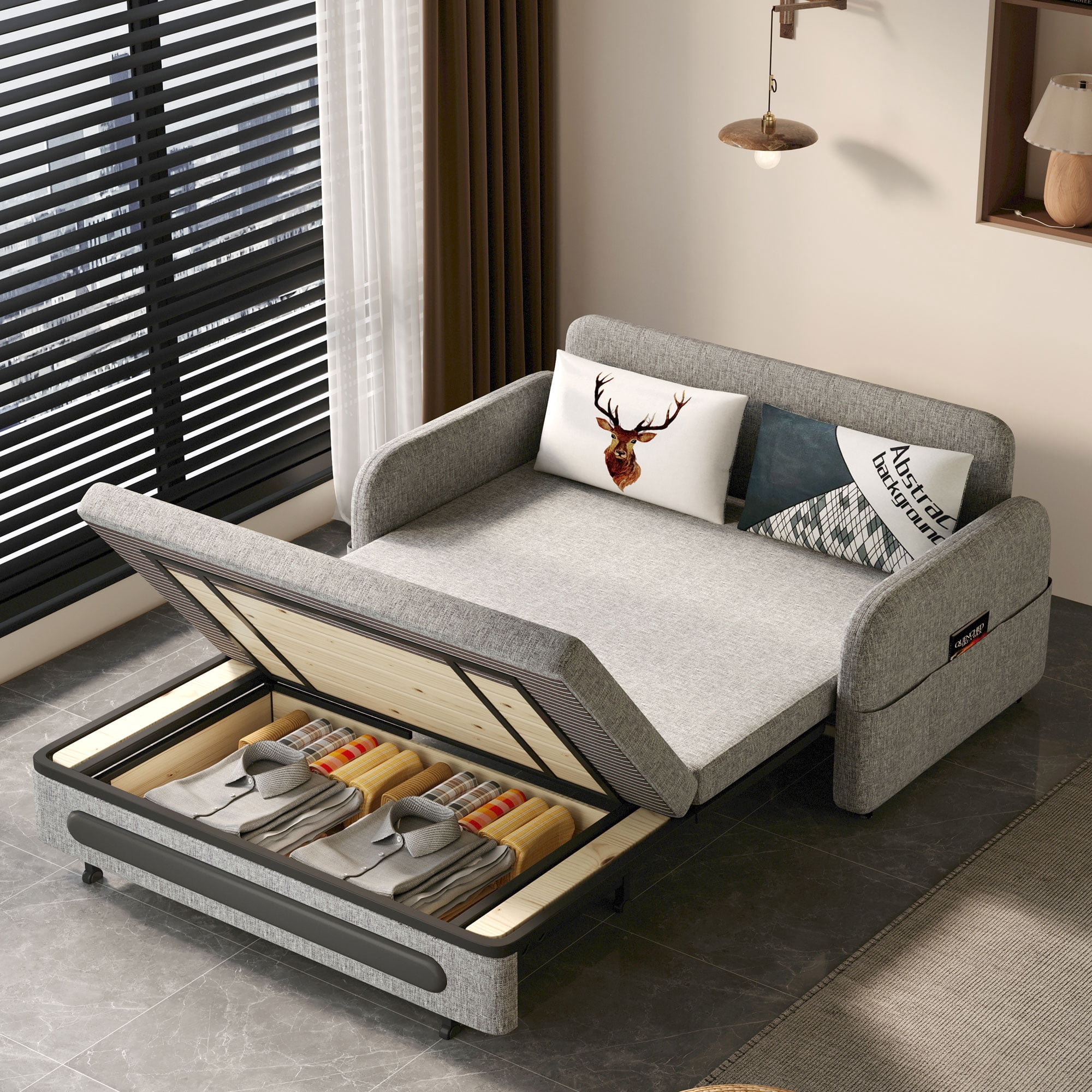 NessCarsti Modern Gray & White Trundle Sofa Bed, 61" Pull-Out Futon Couch for Small Living Spaces and Apartments