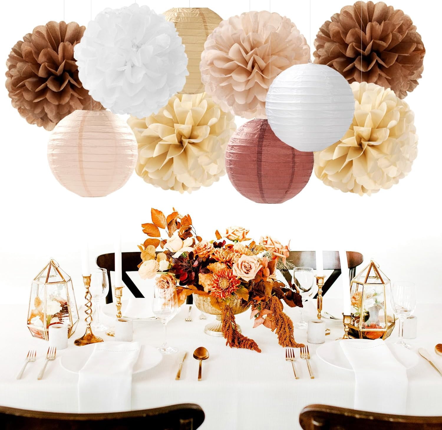 NestE-Boho Rustic Wedding Party-Decorations Paper Flowers Lanterns - 15PCS Fall Baby Shower Gender Neutral Streamers,Brown Champagne White Tissue Pom Poms,Autumn Birthday Bridal Decor