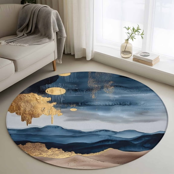Round Rugs 3Ft, Navy Blue Brown Round Area Rug Washable Indoor Throw Carpet, Vintage Modern Art Abstract Small Non Slip Circle Rug for Bedroom Living Room Home Decor Aesthetic