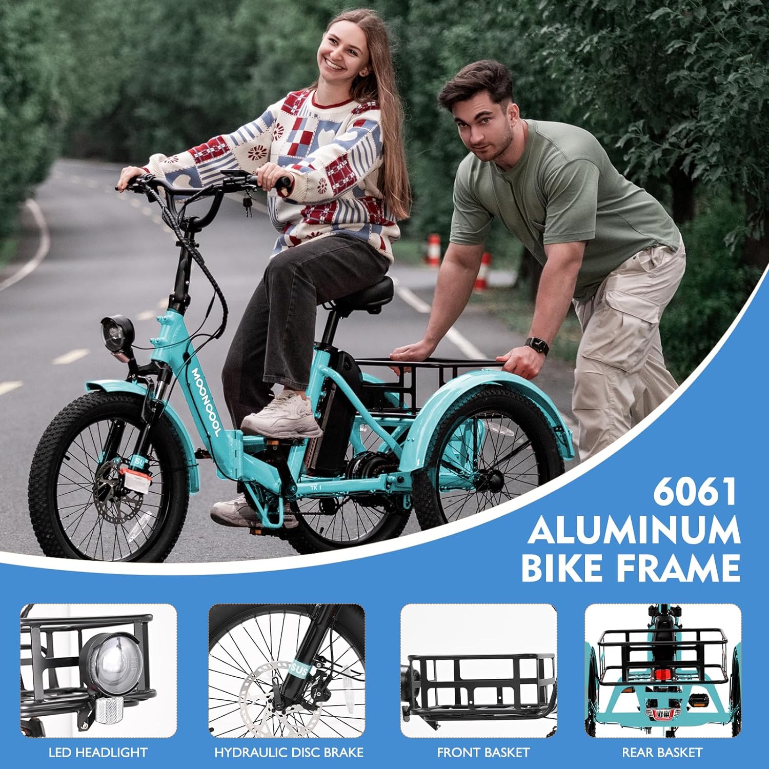 Mooncool 20" x 4" Fat Tire Electric Tricycle for Adults, Electric Trike with Front & Rear Basket, Peak 1100w Motor 48V Removable Battery, 3 Wheel Electric Bicycle for Men Women Senior