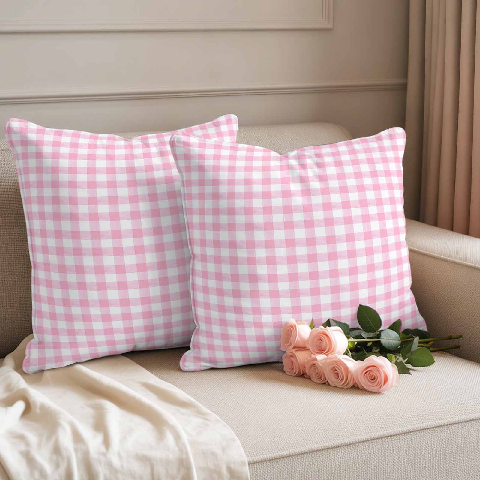 Pack of 2 Outdoor Pillow Covers,Waterproof Pink Throw Pillow Covers,Country French Rustic Buffalo Plaid Modern Art Decorative Pillowcases Cushion Covers for Couch Pillow Sham Protector 24x24 Inch