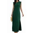 thumbnail image 2 of Women Summer Round Neck Casual Loose Split Wrinkle-Free Long Maxi Vacation Dress with Pockets Dark Green M, 2 of 9