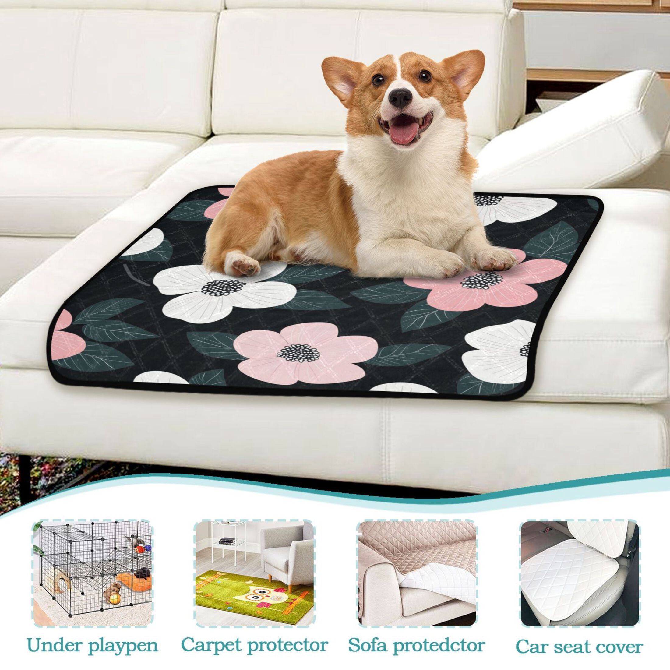 Qxltty Illustration Of Pink and White Flowers Cat litter Pads Pet Set of 3 Diaper Mats Center Anti-leakage Layer Absorbent Soft and Comfortable