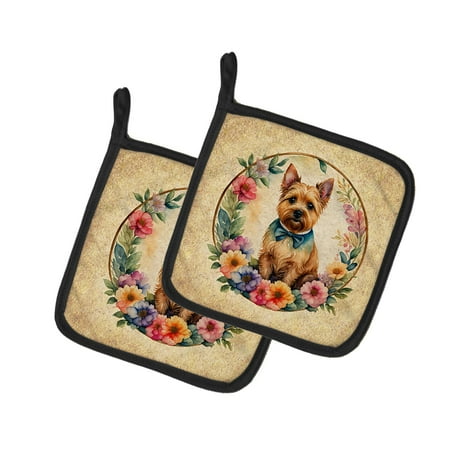 

Norwich Terrier and Flowers Pair of Pot Holders 7.5 in x 7.5 in