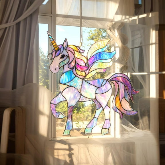 Rainbow Unicorn Suncatcher - Wavy Acrylic Window Hanging For Girls Room - Pastel Magical Decor Gift Idea
