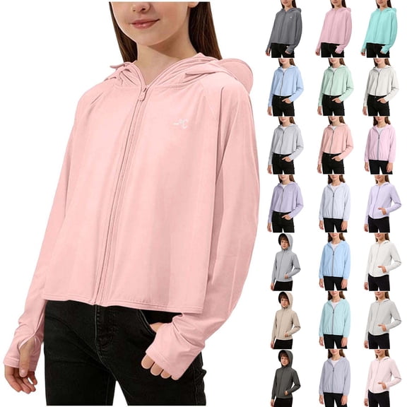 Juesizh UPF50 Girls Long Sleeve Shirts Solid Color Summer Sun Shirt Casual Fashion Hooded Sun Protection Rash Guard