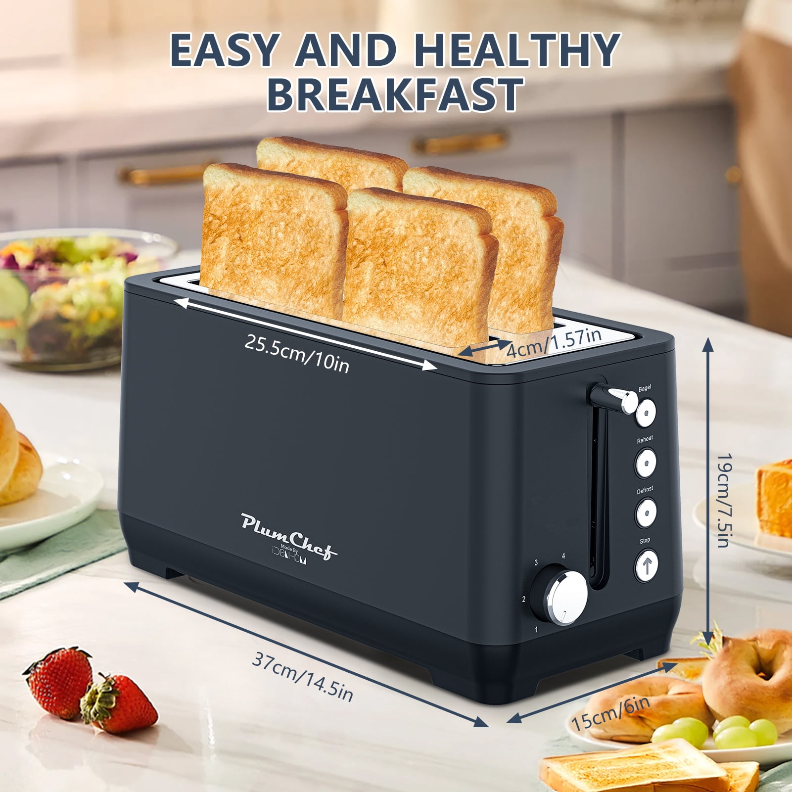 4-Slice Toaster, Extra Wide Long Slot Toaster with Warming Rack, 6 Browning Settings, Bagel/Defrost/Reheat Functions, Removable Crumb Tray, Stainless Steel Housing 1500W, Matte Blue