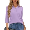 thumbnail image 2 of Qwertyu Women's Polo Shirts 3/4 Sleeve Cotton Collared T Shirt Golf Shirt Business Casual Tee Uniform Tops 3-Button Light Purple 2XL, 2 of 5