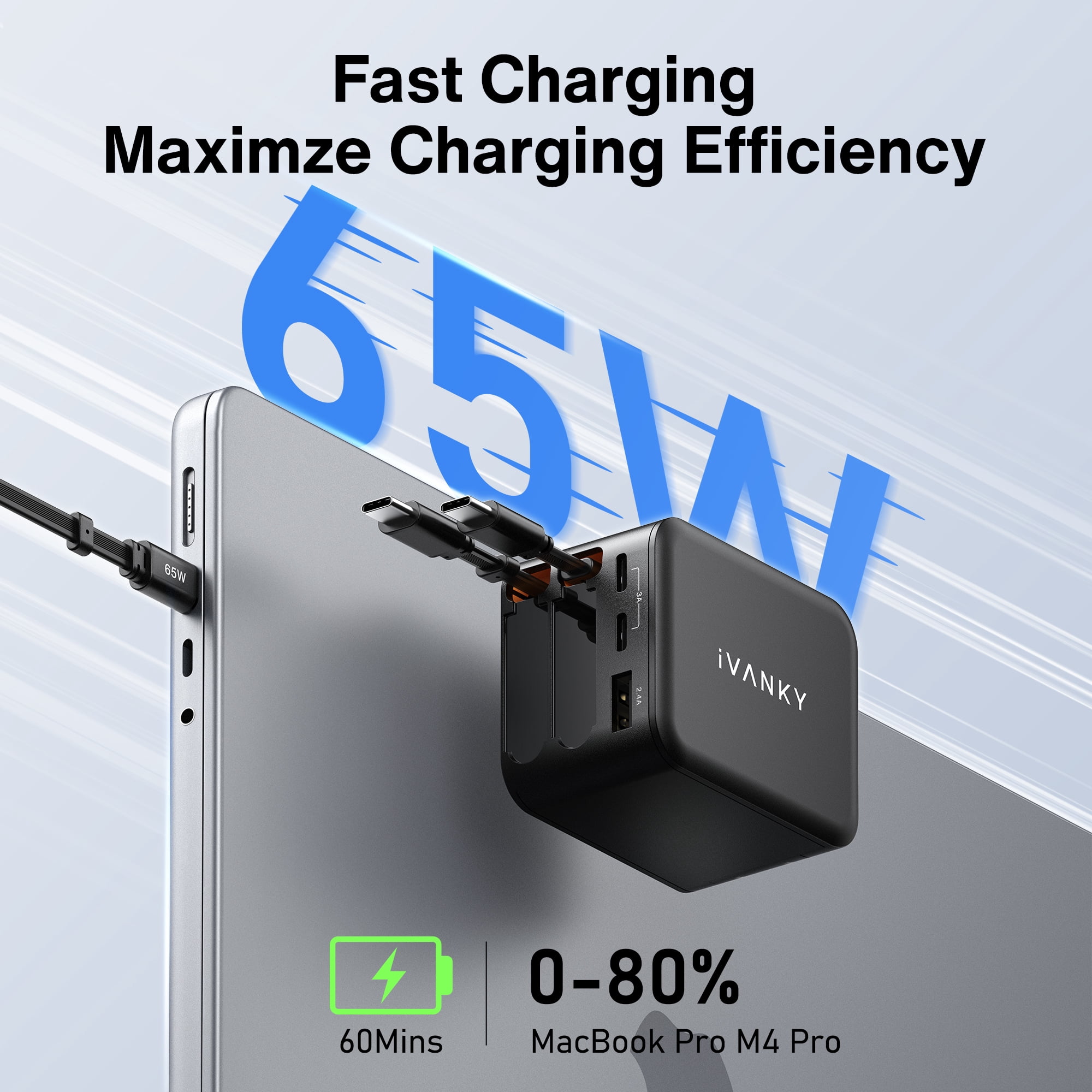 iVANKY 65W 5-in-1 GaN Wall Charger, built-in 33.5-inch retractable dual USB-C cables, supports PD & PPS fast charging. 5-port power adapter compatible with MacBook, iPhone and other laptops